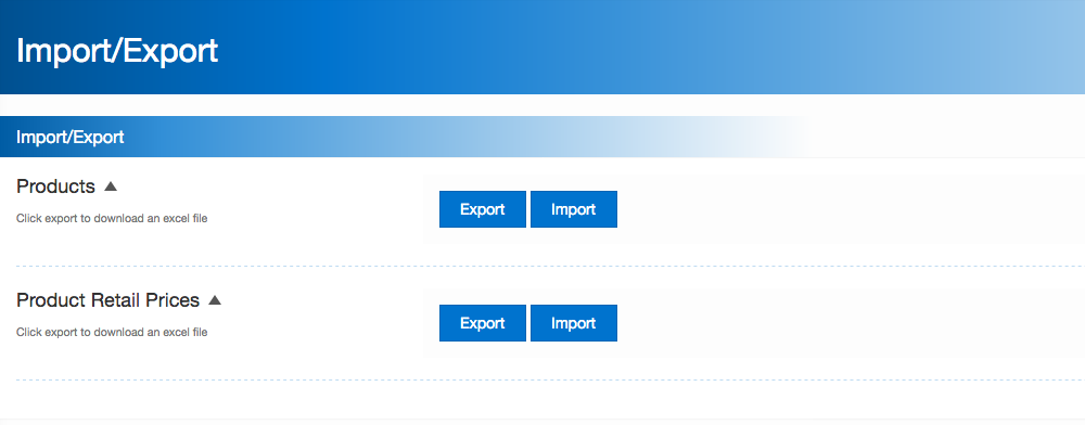 Image of Import/Export Products screen