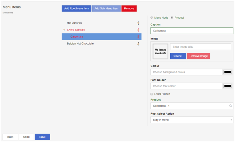 Image of Menus Add Products Screen