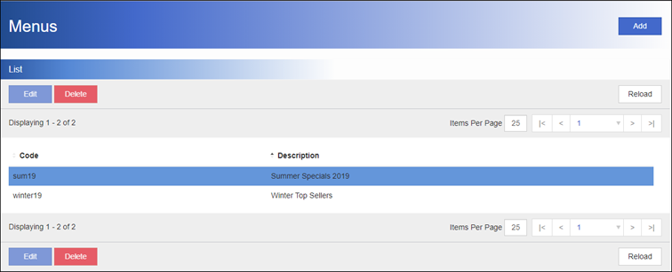 Image of Menus List Screen